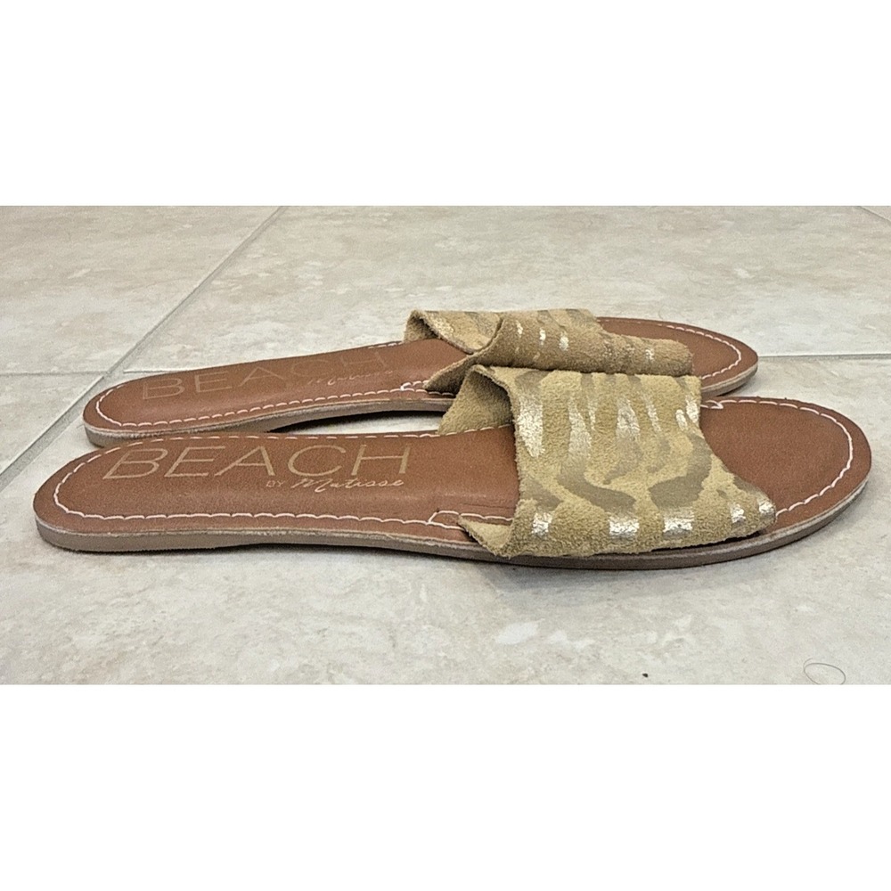 Beach by Matisse Cabana Slides Beige Gold Zebra Suede‎ Sandals Sz 7 Beach Cruise - Picture 3 of 8